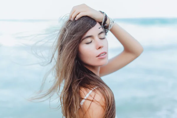 woman brunette on tropical island