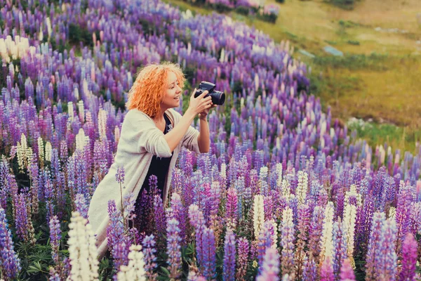 Fille prenant des photos dans le domaine de la lavande — Photo