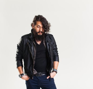 young guy in a black leather jacket
