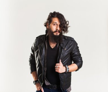 young guy in a black leather jacket