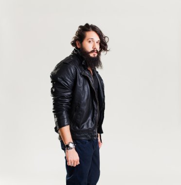 young guy in a black leather jacket