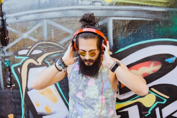 Guy with  listening  music with headphones — 스톡 사진