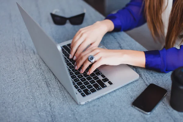 Chica con portátil, gatos gafas de sol en el fondo —  Fotos de Stock