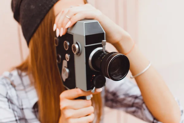 Hipster woman with video camera — Stok fotoğraf