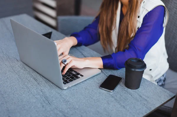 Mädchen mit Laptop, Katzensonnenbrille im Hintergrund — Stockfoto