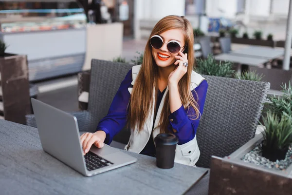 Stylish hipster woman with laptop — Stock Photo, Image