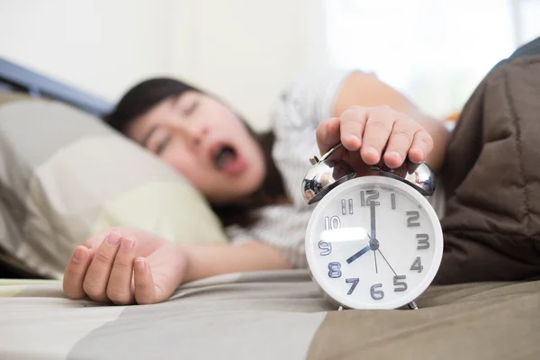 Young woman getting stressed about waking up too early, shallow — Stock Photo, Image