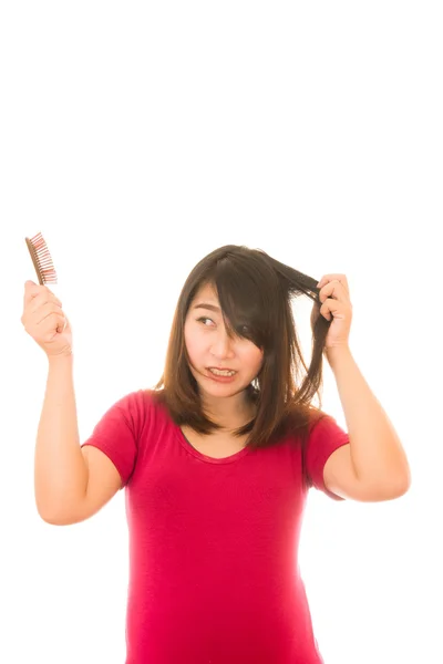 Asian dziewczyna martwi się o wypadanie włosów, wypadanie włosów Obrazek Stockowy