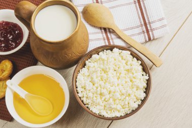 Kahvaltı süt peynir bal ve reçel ile