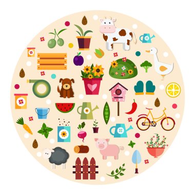 Yuvarlak çiftlik düz afiş kırsal hayvanlar hayatta tasvir vektör illüstrasyon izole