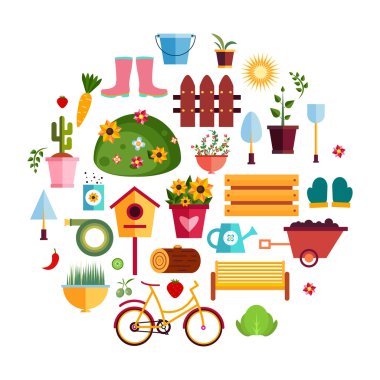 Bahar bahçe beyaz düz simgeler. Tasarım vektör çizim. Araçlarını maddelerin Bahçe doğa kümesi.