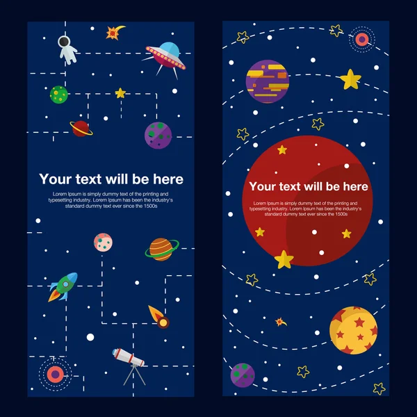 Banderas temáticas del espacio y tarjetas con símbolos astronómicos planos — Vector de stock