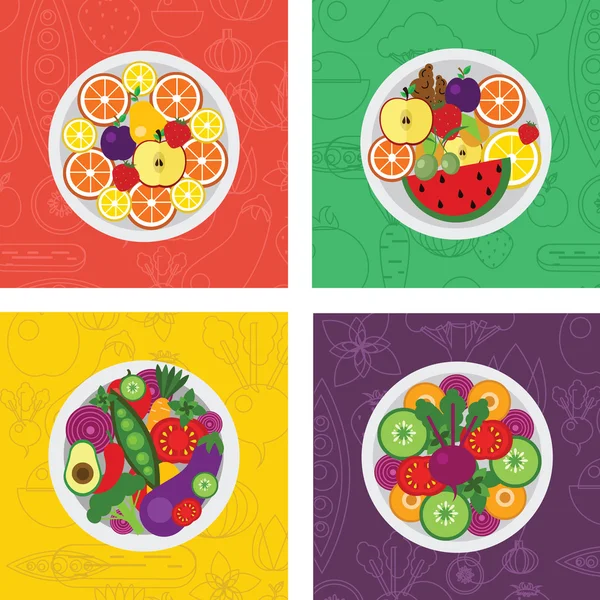 Vier vector platte illustraties van salades en fruit maaltijden op plaat — Stockvector