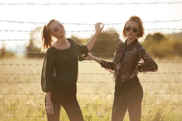 Две юные девушки в солнечных очках веселятся. Стиль жизни — стоковое фото