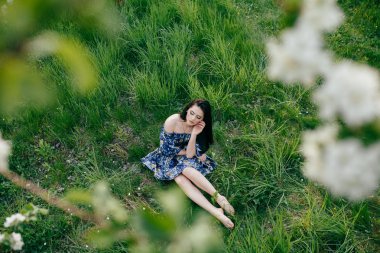 Bahar yürüyüş kız güzel bir vişne Bahçesi