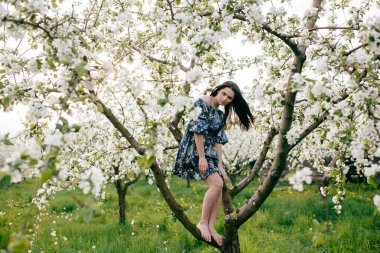 Bahar yürüyüş kız güzel bir vişne Bahçesi