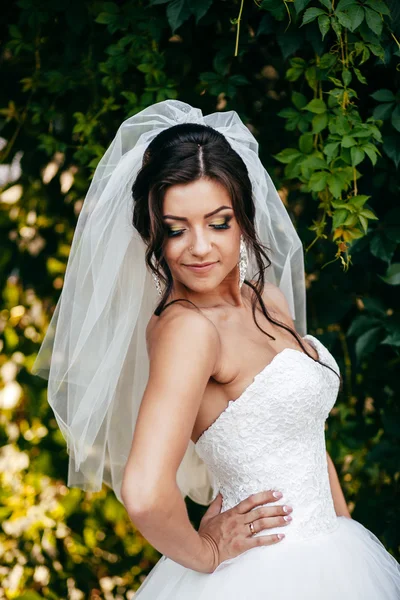 Schöne Braut posiert am Hochzeitstag Stockbild