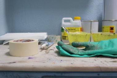 İşyeri, iş istasyonu, boya, boya, renk tonu, boyama, boya, eldiven, kol, dayağı, Masa başı işi, işlemeli