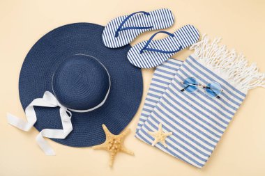 Renkli arka planda mavi plaj aksesuarları, üst manzara. Düz yatıyordu