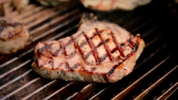 Delicioso filete perfecto jugoso. Tiempo de parrilla en el fondo del picnic de verano — Vídeos de Stock