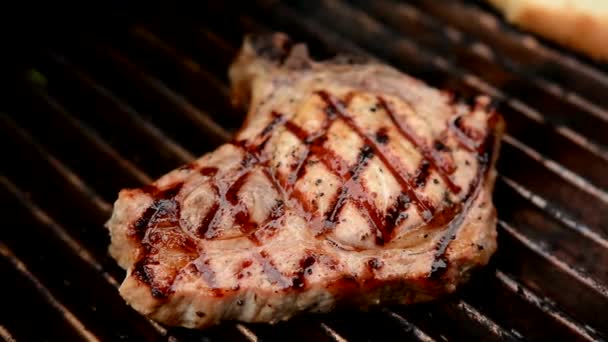 Bistecca alla griglia di manzo alla griglia. Spiedini di carne alla griglia, barbecue. Vista da vicino — Video Stock