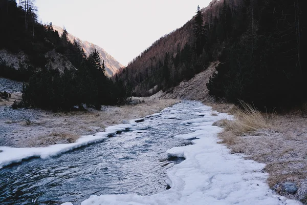 Снегопад на горной реке — стоковое фото