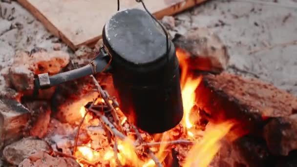 Campeggio Bollitore Oltre Fuoco in fiamme. Spiaggia dell'isola selvaggia . — Video Stock