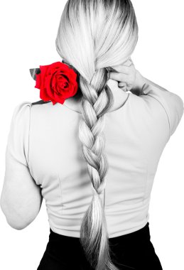 Pembe bluzlu kız, saçları örgülü. kırmızı bir gülün omzunda. arka görünüm. beyaz arka plan üzerinde izole. siyah beyaz