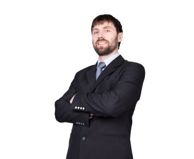 beden dili. erkek takım elbise, kollar ve eller jesti. Standart jest silah geçti. izole beyaz arka plan. doğru veya yanlış kavramı