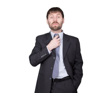 hareketleri yalan güvensizlik. beden dili. dostum iş takım elbiseli, kravatını, düzeltiyor flört. Beyaz arka plan üzerinde izole. doğru veya yanlış kavramı