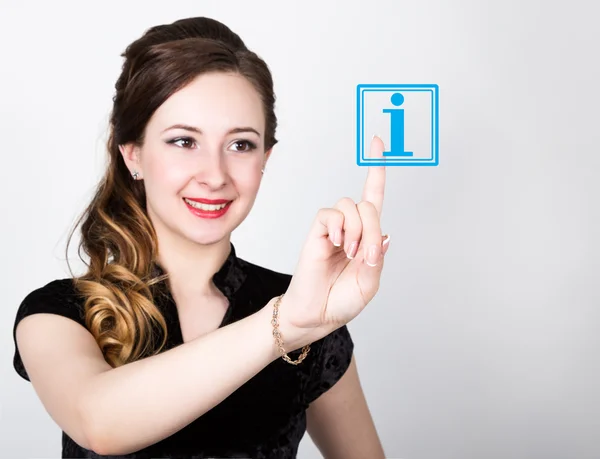 Technology, internet and networking concept. beautiful woman in a black business shirt. woman presses information button on virtual screens — Stok fotoğraf