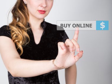 sanal ekranda arama çubuğunda yazılı online satın alın. teknoloji, internet ve ağ konsepti. siyah iş gömlek kadın sanal ekranlarda düğmeye basar