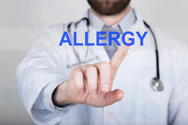 technology, internet and networking in medicine concept - medical doctor presses allergy button on virtual screens. Internet technologies in medicine