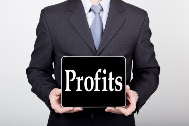 teknoloji, internet ve ağ iş kavramı - işadamı kar işareti ile bir tablet pc tutarak. İş dünyasında Internet teknolojileri