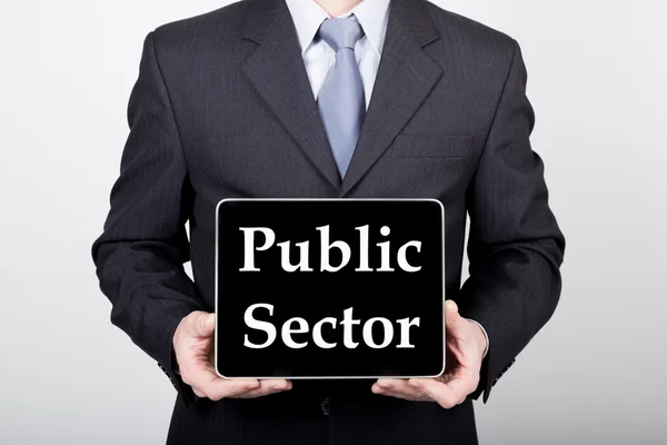 Technology, internet and networking in business concept - businessman holding a tablet pc with public sector sign. Internet technologies in business — Stock Photo, Image