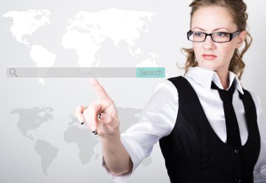 search bar on virtual screen. Internet technologies in business and home. woman in business suit and tie, presses a finger on a virtual screen. technology, internet and networking concept