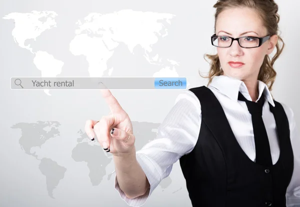 Yacht rental written in search bar on virtual screen. Internet technologies in business and home. woman in business suit and tie, presses a finger on a virtual screen — Stockfoto