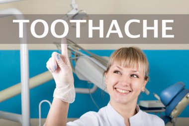 teknolojisi, Internet ve ağ tıp kavram - tıp doktoru sanal ekranlarda diş ağrısı düğmeye basmadan. Internet teknolojileri tıpta