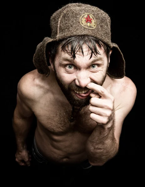 Portrét děsivě zlé zlověstný vousatý muž s úšklebek, dělá různé příznaky ruce a vyjadřuje různé emoce. Ruské podivín — Stock fotografie
