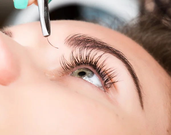 Beautiful young woman eyelash extension. Woman eye with long eyelashes. Beauty salon concept — Stock Photo, Image