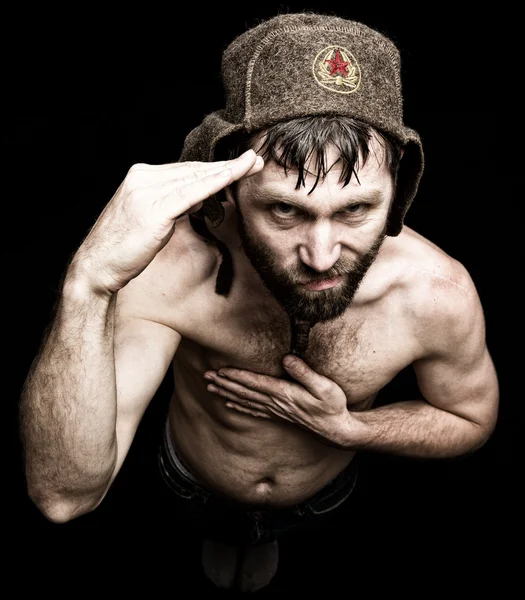 Portrét děsivě zlé zlověstný vousatý muž s úšklebek, dělá různé příznaky ruce a vyjadřuje různé emoce. cizí muž ruské ohňostroje — Stock fotografie