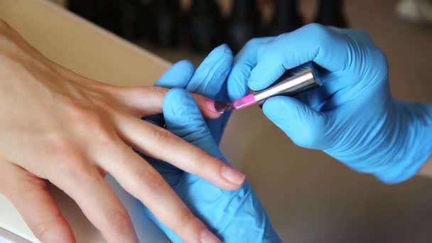 El cosmético hace la manicura y pinta las uñas del cliente. Cuidado de uñas manicura en un salón de belleza — Vídeos de Stock