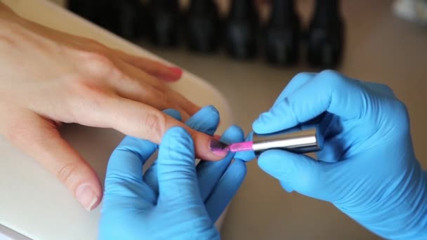 El cosmético hace la manicura y pinta las uñas del cliente. Cuidado de uñas manicura en un salón de belleza — Vídeo de stock