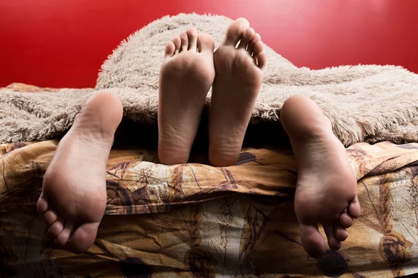 Dva páry mužských a ženských nohou viděl zpod deky. Spali spolu, milovníky sexu — Stock fotografie