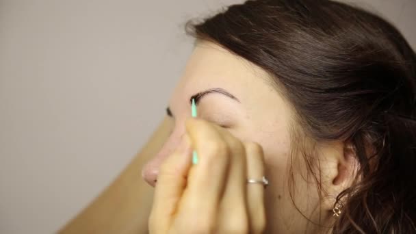 Artista de maquillaje pinta las cejas de una hermosa modelo de chica usando cepillo — Vídeo de stock