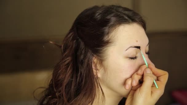Makyaj sanatçısı fırça kullanarak bir güzel kız modeli kaşları boyalar — Stok video