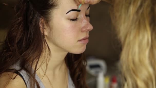 Artista de maquillaje pinta las cejas de una hermosa modelo de chica usando cepillo — Vídeo de stock