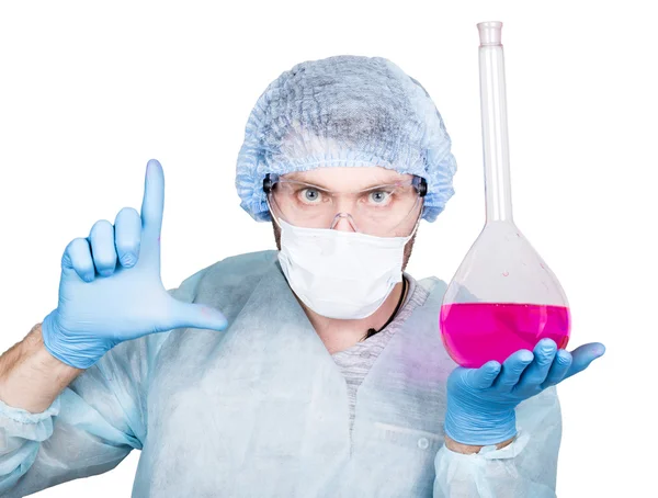 Funny crazy emotional chemist with flask. mad scientist in his laboratory experimenting on secret formulas. — Stock Photo, Image