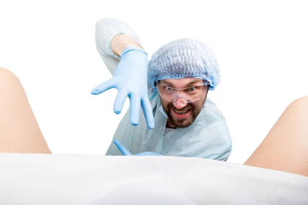 Crazy gynecologist examines a patient. mad doctor expression different emotions and makes different hands signs — Stock Photo, Image