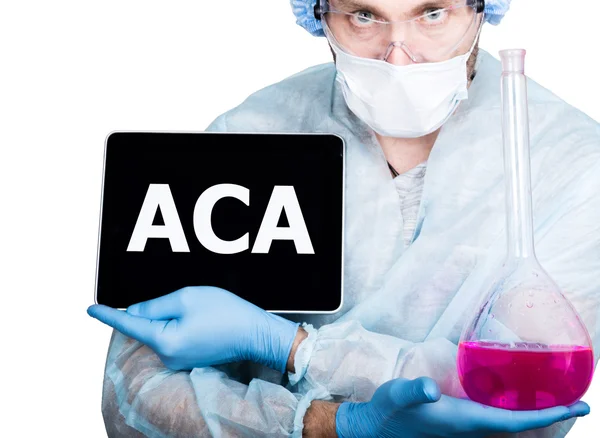 Doctor in surgical uniform, holding pink flask and digital tablet pc with aca sign. internet technology and networking in medicine concept. Isolated on white — Stock Photo, Image